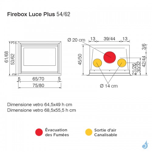 Insert à bois EDILKAMIN Firebox Luce Plus 54 Puissance 9.6kW A+ Sortie Fumée Supérieure