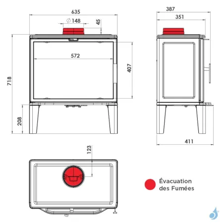 Poêle à bois Lacunza Biarritz Puissance 9kW Structure Fonte Sortie Fumée Supérieure Ø15 cm