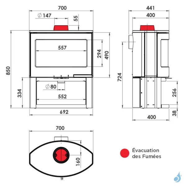 Poêle à bois Lacunza Bristol Star Puissance 9kW Structure Fonte Sortie Fumée Supérieure Ø15 cm