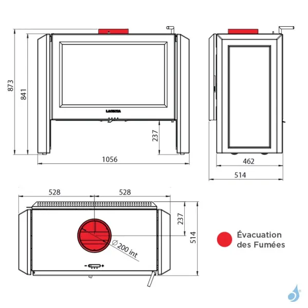 Poêle à bois Lacunza Leon Puissance 12kW Structure Fonte Sortie Fumée Supérieure Ø20 cm