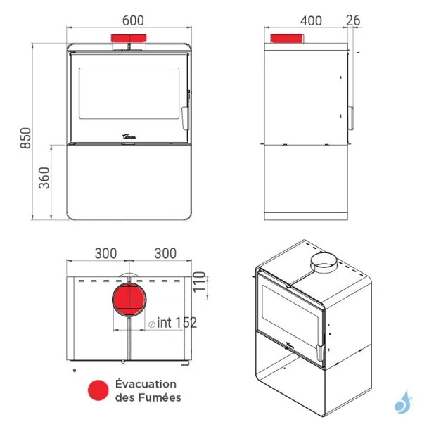 Poêle à bois Lacunza Atlantic 603 Puissance 12kW Structure Acier Sortie Fumée Supérieure Ø15 cm