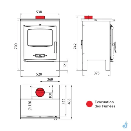 Poêle à bois Lacunza Sagra CP Puissance 9kW Structure Acier Sortie Fumée Supérieure Ø12 cm