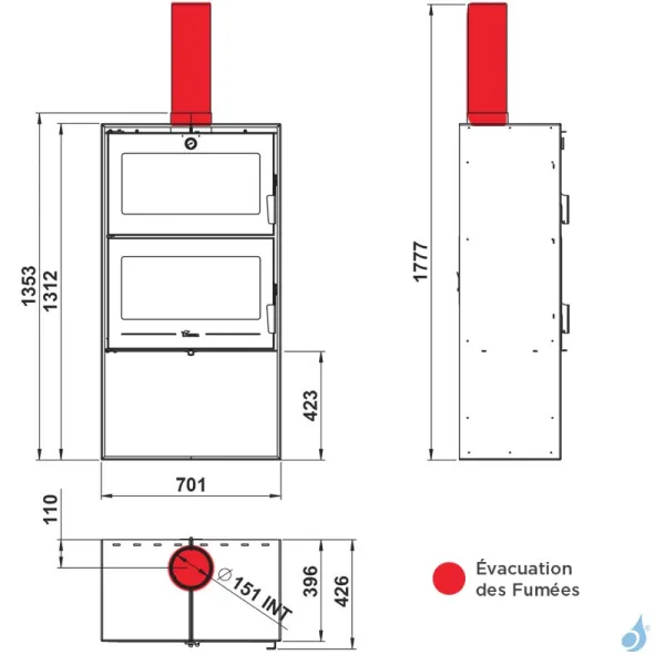 Poêle à bois Lacunza Oslo Puissance 11.5kW Structure Acier Four de cuisson sortie Fumée Supérieure Ø15 cm