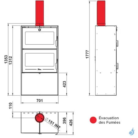 Poêle à bois Lacunza Oslo Puissance 11.5kW Structure Acier Four de cuisson sortie Fumée Supérieure Ø15 cm