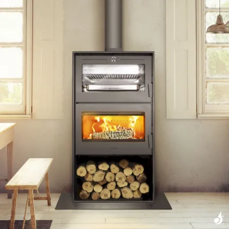 Poêle à bois Lacunza Oslo Puissance 11.5kW Structure Acier Four de cuisson sortie Fumée Supérieure Ø15 cm