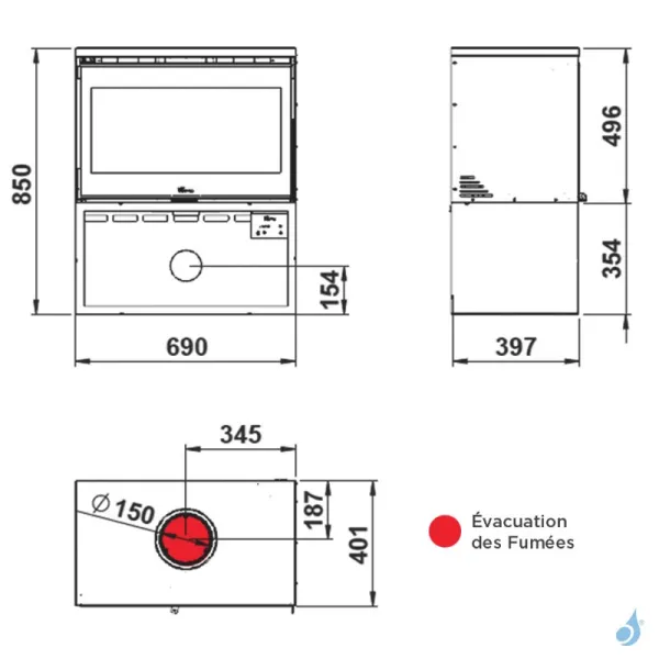 Poêle à bois Lacunza Paris 700 Puissance 8.0kW Structure Acier Sortie Fumée Supérieure Ø15 cm