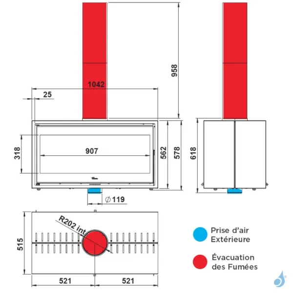 Poêle à bois Lacunza Verona Puissance 17kW Structure Acier Sortie Fumée Supérieure Ø20 cm