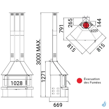 Poêle à bois Lacunza CM 300 R Puissance 11.5kW Structure Acier Sortie Fumée Supérieure Ø20 cm