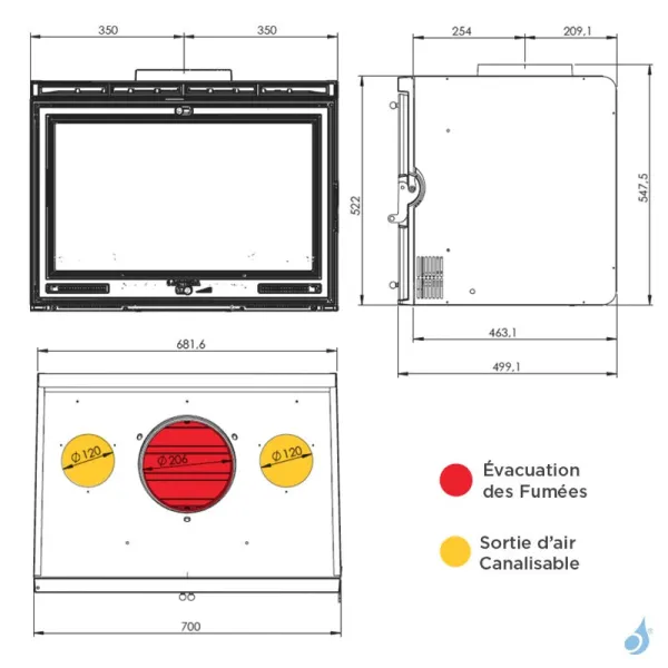 Insert à bois Lacunza Midi 700 Puissance 11kW Structure Fonte Sortie Fumée Supérieure Ø20 cm