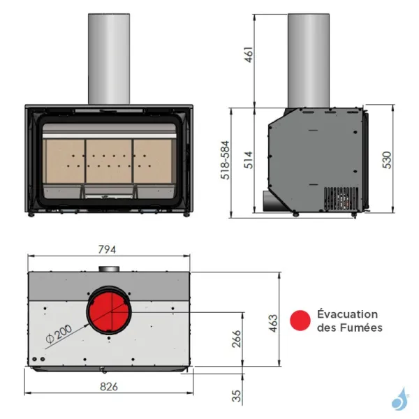 Insert à bois Lacunza K2 800 Puissance 8.5kW Structure Fonte Sortie Fumée Supérieure Ø20 cm
