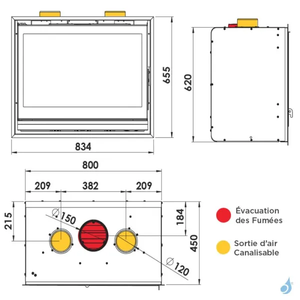 Insert à bois Lacunza Baltic 800 Puissance 13kW Structure Acier Sortie Fumée Supérieure Ø15 cm