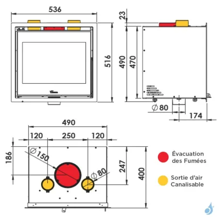 Insert à bois Lacunza Adour 500 ST Puissance 5.5kW Convection Naturelle Sortie Fumée Supérieure Ø15 cm