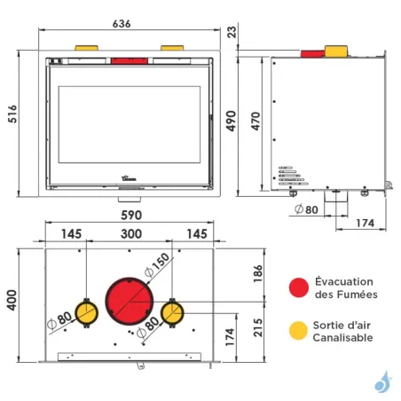 Insert à bois Lacunza Adour 600 Puissance 7.0kW Avec Ventilateur Sortie Fumée Supérieure Ø15 cm