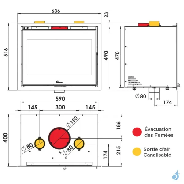 Insert à bois Lacunza Adour 600 ST Puissance 7.0kW Convection Naturelle Sortie Fumée Supérieure Ø15 cm