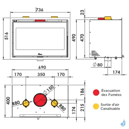 Insert à bois Lacunza Adour 700 Puissance 7.0kW Avec Ventilateur Sortie Fumée Supérieure Ø15 cm