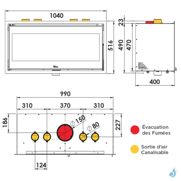 Insert à bois Lacunza Adour 1000 ST Puissance 11.0kW Convection Naturelle Sortie Fumée Supérieure Ø15 cm