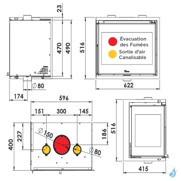 Insert à bois Lacunza Adour 600 CLI/CLD Puissance 9.0kW Structure Acier Sortie Fumée Supérieure Ø15 cm