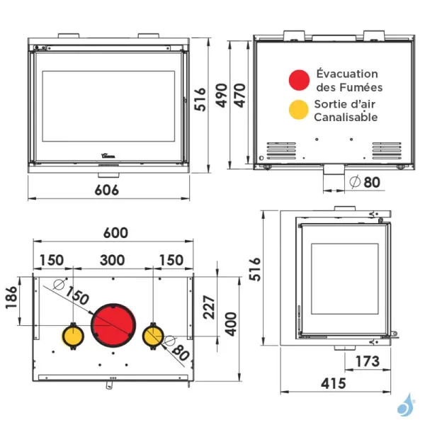 Insert à bois Lacunza Adour 600 CLID Puissance 9.0kW Structure Acier Sortie Fumée Supérieure Ø15 cm