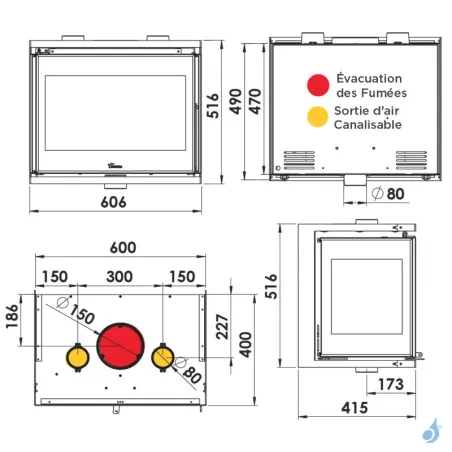 Insert à bois Lacunza Adour 600 CLID Puissance 9.0kW Structure Acier Sortie Fumée Supérieure Ø15 cm