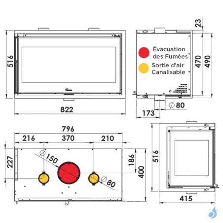 Insert à bois Lacunza Adour 800 CLI/CLD Puissance 10kW Structure Acier Sortie Fumée Supérieure Ø15 cm