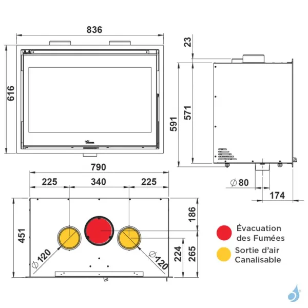 Insert à bois Lacunza Loire 800 Puissance 10.0kW Structure Acier Sortie Fumée Supérieure Ø15 cm