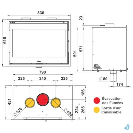 Insert à bois Lacunza Loire 800 Puissance 10.0kW Structure Acier Sortie Fumée Supérieure Ø15 cm