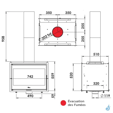 Insert à bois Lacunza Nickel 700 Puissance 13.0kW Double Face Structure Acier Sortie Fumée Supérieure Ø20 cm