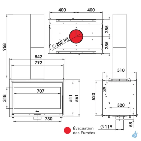 Insert à bois Lacunza Nickel 800 Puissance 15.0kW Double Face Structure Acier Sortie Fumée Supérieure Ø20 cm