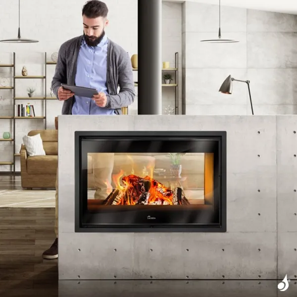 Insert à bois Lacunza Nickel 800 Puissance 15.0kW Double Face Structure Acier Sortie Fumée Supérieure Ø20 cm