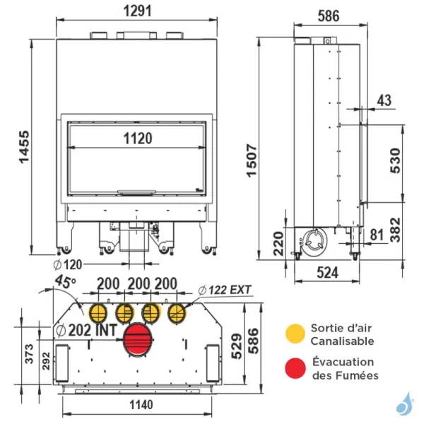 Cheminée à bois Lacunza Itaca 120 CV Eco Puissance 14.0kW Avec Ventilateur Sortie Fumée Ø20 cm