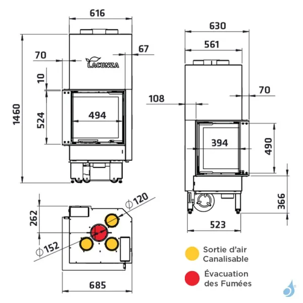 Cheminée à bois Lacunza Izaro 60 CLI/CLD CV Puissance 9kW Avec Ventilateur Sortie Fumée Ø15 cm