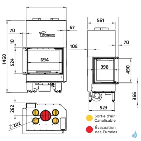 Cheminée à bois Lacunza Izaro 80 CLI/CLD CV Puissance 12.5kW Avec Ventilateur Sortie Fumée Ø20 cm