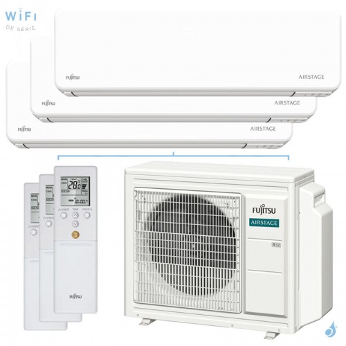 Climatiseur tri split FUJITSU Mural KMCG AOEG24KBCA3 6.8kW tailles 25 + 25 + 25 WiFi ASEH09KMCG + ASEH09KMCG + ASEH09KMCG