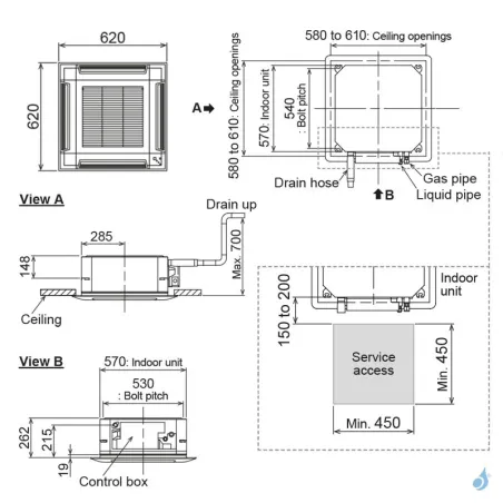 Climatiseur tri split FUJITSU Cassette KV AOEG18KBCA3 5.4kW tailles 25 + 25 + 25 AUXG09KVLA + AUXG09KVLA + AUXG09KVLA