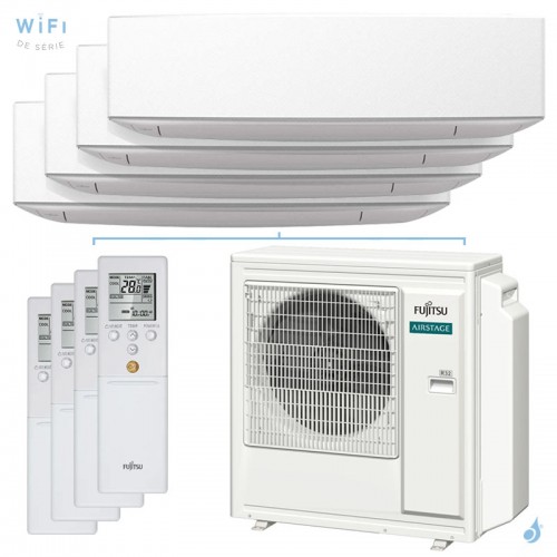 Quadri split FUJITSU Mural KE blanc AOEG30KBTA4 8kW tailles 20 + 25 + 25 + 35 WiFi ASEG07KETF + ASEG09KETF (x2) + ASEG12KETF