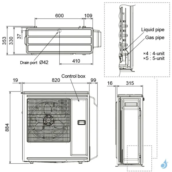 Penta split FUJITSU Cassette KV AOEG36KBTA5 9.5kW tailles 20 + 20 + 20 + 20 + 60 AUXG07KVLA (x4) + AUXG22KVLA