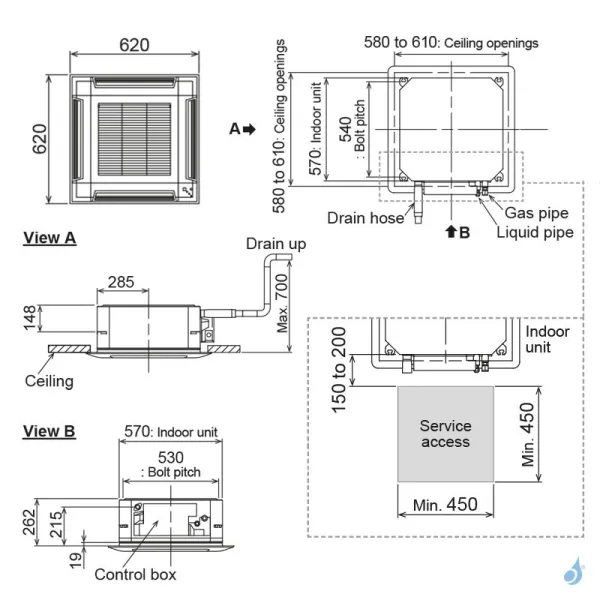 Penta split FUJITSU Cassette KV AOEG36KBTA5 9.5kW tailles 20 + 20 + 20 + 25 + 25 AUXG07KVLA (x3) + AUXG09KVLA (x2)