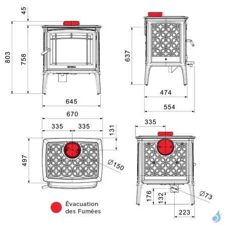 Poêle à bois Hergom Shelburn HF Puissance 9kW Sortie Fumée Supérieure