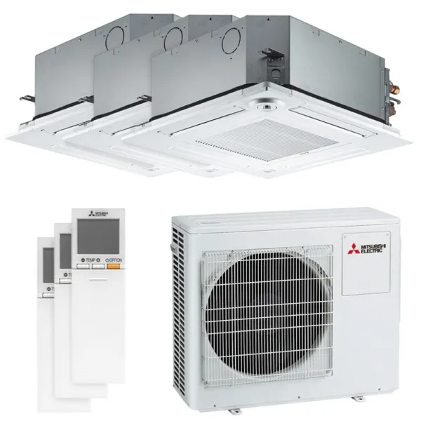 Tri split Mitsubishi cassette SLZ-M MXZ-3F54VF4 5.4kW tailles 15 + 15 + 25 SLZ-M15FA2 (x2) + SLZ-M25FA2 4 voies 600x600