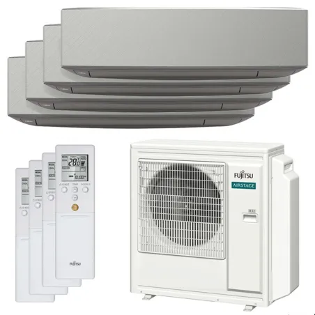 Quadri split FUJITSU Mural KE argent AOEG30KBTA4 8kW tailles 20 + 25 + 25 + 25 WiFi ASEG07KETF-B + ASEG09KETF-B (x3)
