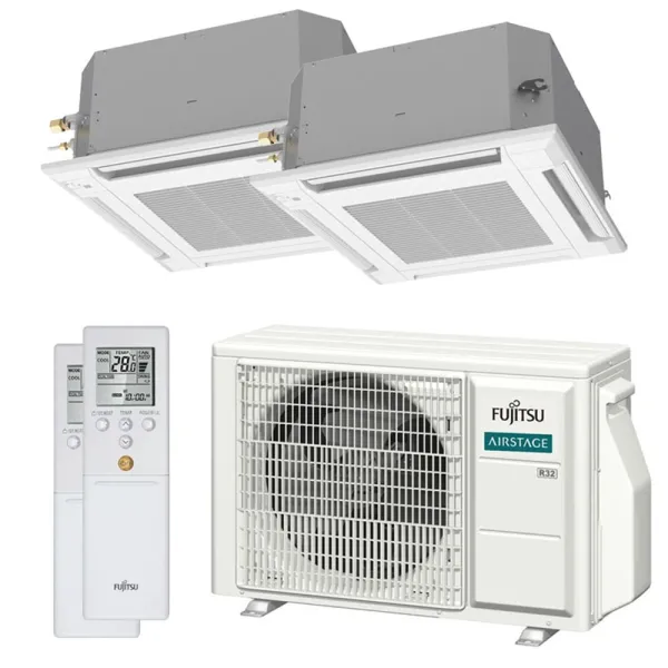 Climatiseur bi split FUJITSU Cassette KVLA AOEG14KBCA2 4kW tailles 25 + 25 Compact 600x600 AUXG09KVLA + AUXG09KVLA