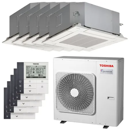 Penta split Toshiba cassette RAS-5M34G3AVG-E 10kW Tailles 25 + 25 + 25 + 25 + 25 RAS-M10U2MUVG-E (x5) avec commande RB-RWS21-E