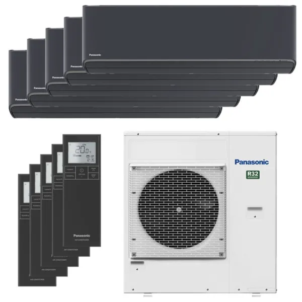 Penta split Etherea Graphite CU-5Z90TBE 9kW tailles 25 + 25 + 25 + 25 + 42 Mural Panasonic CS-XZ25ZKEW-H (x4) + CS-XZ42ZKEW-H