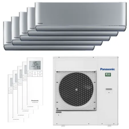 Penta split Etherea Argent CU-5Z90TBE 9kW tailles 20 + 20 + 20 + 20 + 25 Mural Panasonic CS-XZ20ZKEW (x4) + CS-XZ25ZKEW