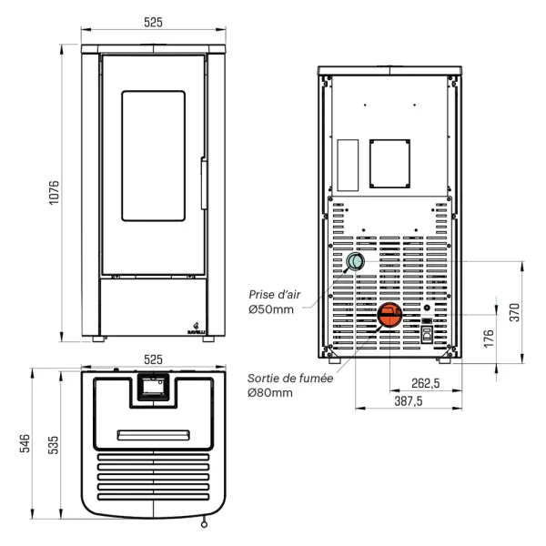 Poêle à granulés ventilé Ravelli Easy 12 Puissance 12kW Sortie Fumée Postérieure