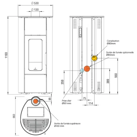 Poêle à granulés canalisable Ravelli Flexi 11 Puissance 11kW Sortie Fumée Supérieure