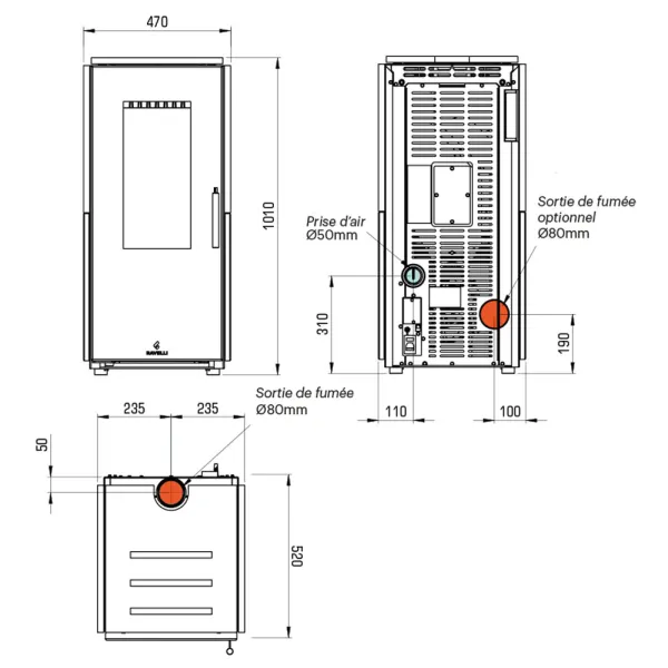 Poêle à granulés étanche Ravelli Block 9 Puissance 9kW WiFi Sortie Fumée Supérieure