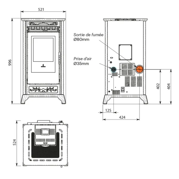 Poêle à granulés ventilé Ravelli RV 80 Puissance 8kW Sortie Fumée Postérieure