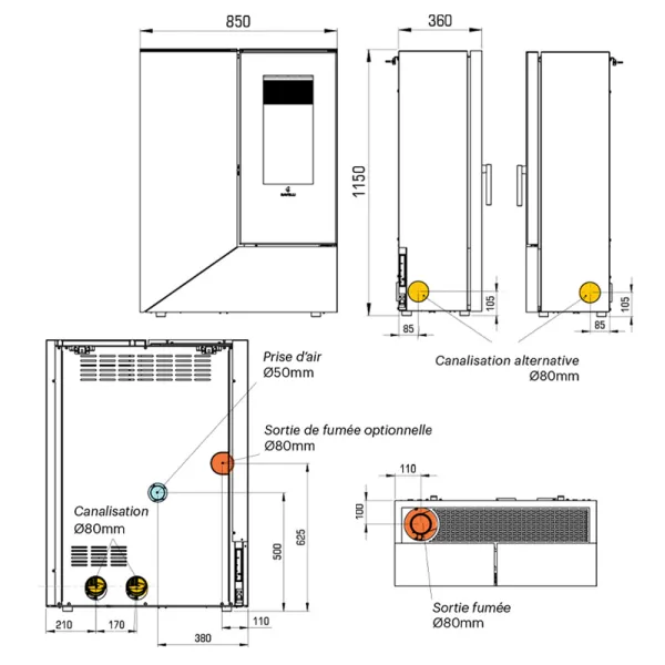 Poêle à granulés canalisable Ravelli Stilo Puissance 12kW Sortie Fumée Supérieure