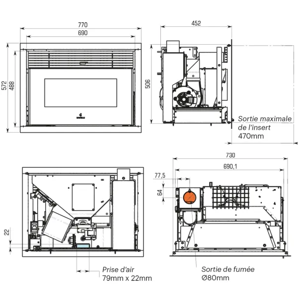 Insert à granulés Ravelli R 1000 Pro Puissance 9.5kW Sortie Fumée Supérieure